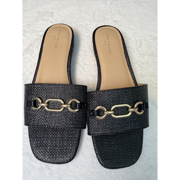 Ann Taylor Shoes - Ann Taylor Block Heel Slip On Square Toe Gold Hardware Low Heel Sandals Sz 6